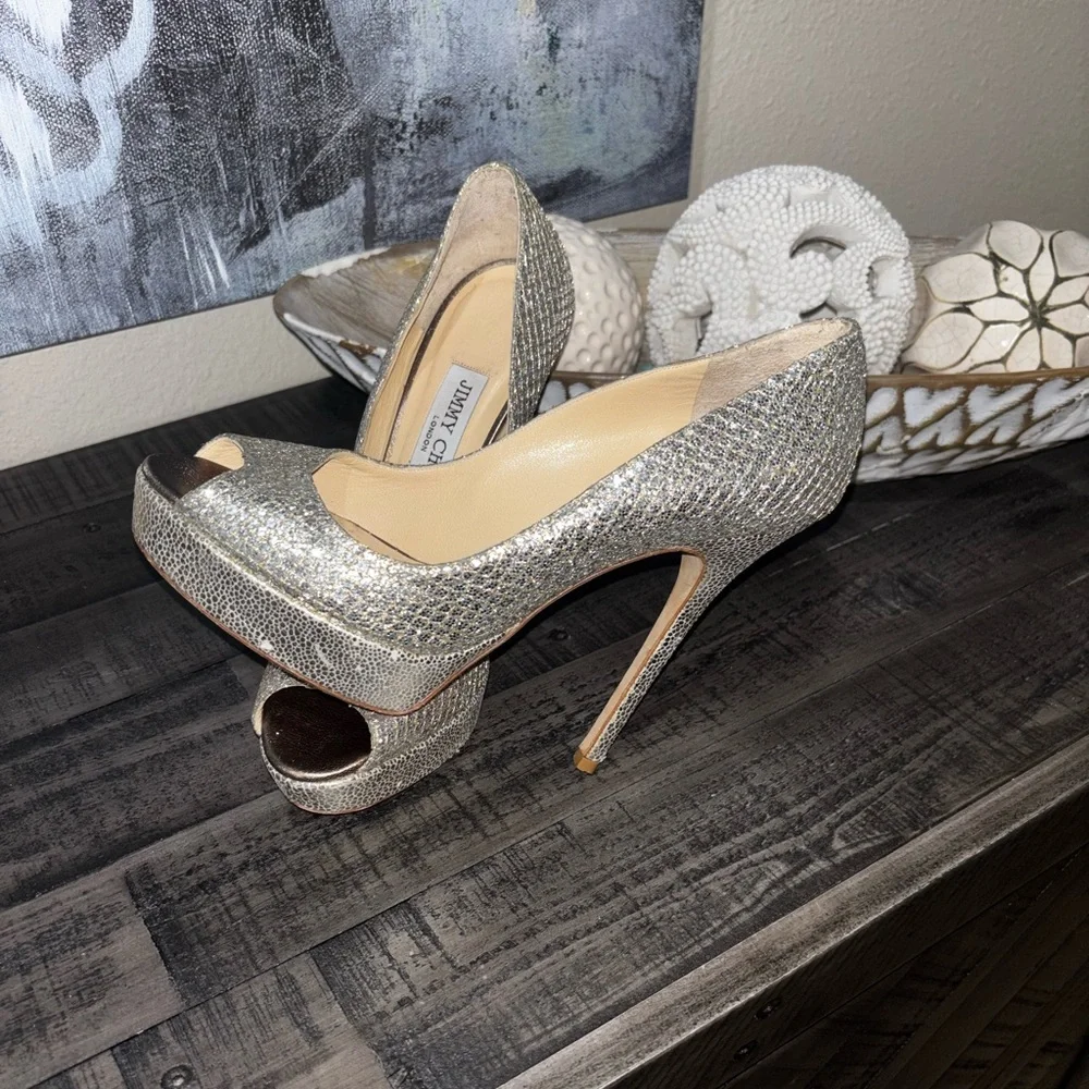 Jimmy Choo Crown  Glitter Fabric Champagne  Platform  7.5 - Picture 7 of 9